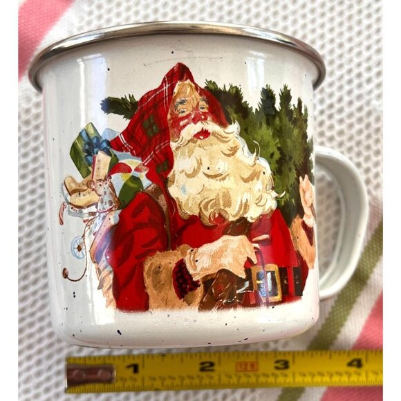 VTG Hallmark Santa Claus Enamel Mugs Set of 2 WHT RED GRN Festive Jolly Holiday - Picture 6 of 9